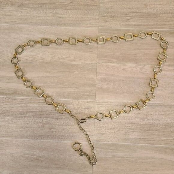 Gold & Silver Metal Link Belt Geometric Squares & Circles Chain Waist Accent - Picture 1 of 2